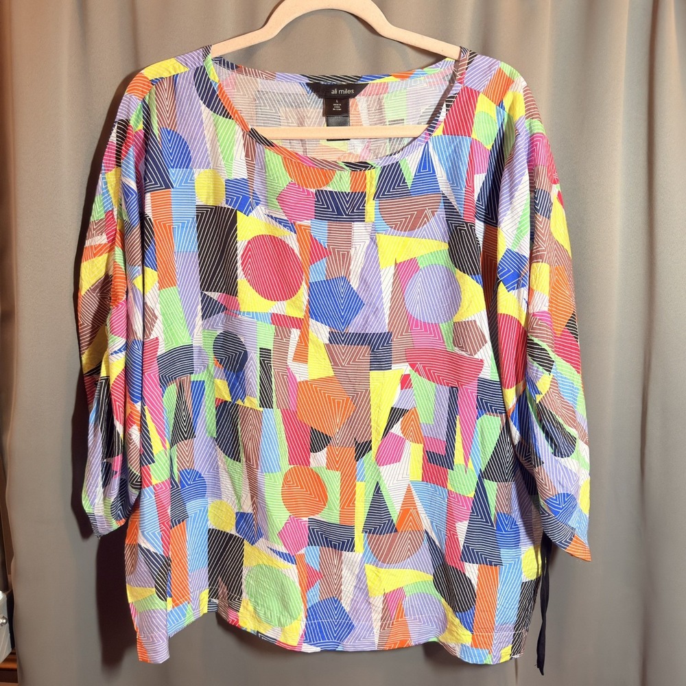 Ali Miles Geometric Print Blouse 3/4 Cinched Sleeve Multi Color Women's Sz L